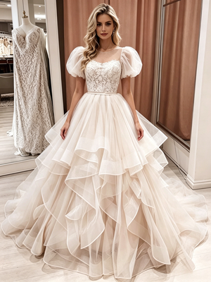 Champagne Tulle Lace Puff Sleeve Wedding Dress