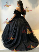 Black Tulle Sequins Off the Shoulder Quinceanera Dress