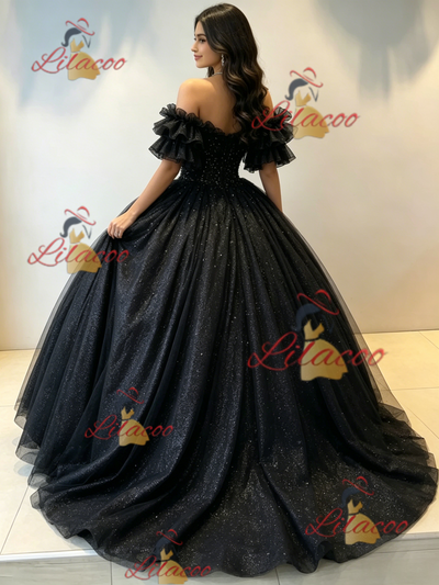 Black Tulle Sequins Off the Shoulder Quinceanera Dress