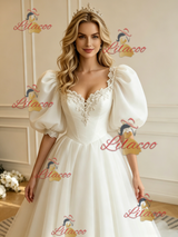 White Tulle Puff Sleeve Appliques Wedding Dress