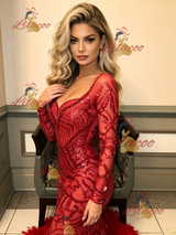 Red Mermaid Seuqins Long Sleeve Prom Dress