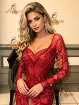 Red Mermaid Seuqins Long Sleeve Prom Dress