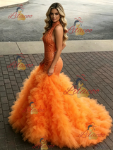Orange Mermaid Seuqins Tulle Halter Prom Dress