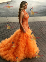 Orange Mermaid Seuqins Tulle Halter Prom Dress