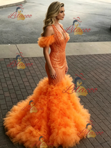 Orange Mermaid Seuqins Tulle Halter Prom Dress