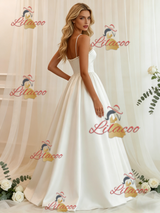 White Satin Spaghetti Straps Pearls Wedding Dress