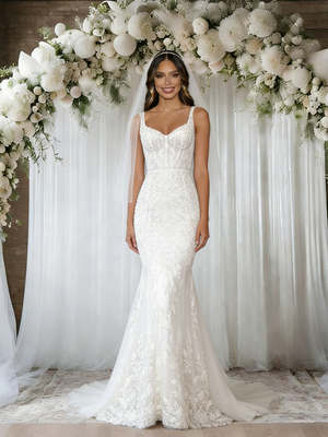 White Mermaid Tulle Appliques Wedding Dress