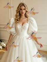 White Tulle Puff Sleeve Appliques Wedding Dress