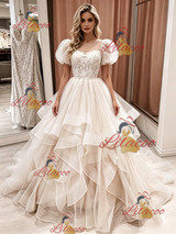 Champagne Tulle Lace Puff Sleeve Wedding Dress