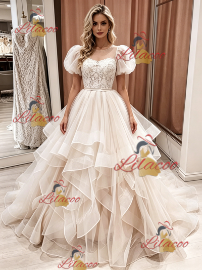 Champagne Tulle Lace Puff Sleeve Wedding Dress