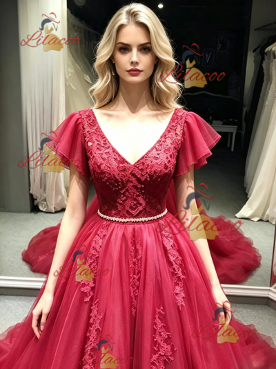 Burgundy Tulle V-neck Appliques prom Dress