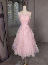 Pink Tulle See Through Neck Short Prom Dress