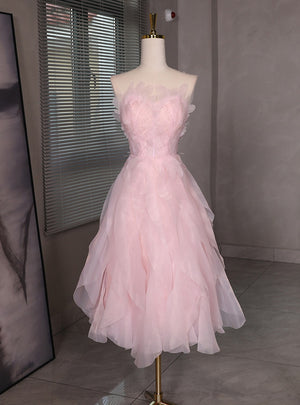 Pink Tulle See Through Neck Short Prom Dress