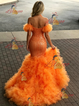 Orange Mermaid Seuqins Tulle Halter Prom Dress