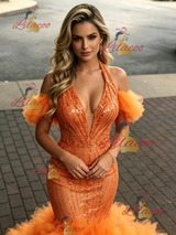 Orange Mermaid Seuqins Tulle Halter Prom Dress