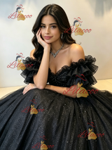 Black Tulle Sequins Off the Shoulder Quinceanera Dress