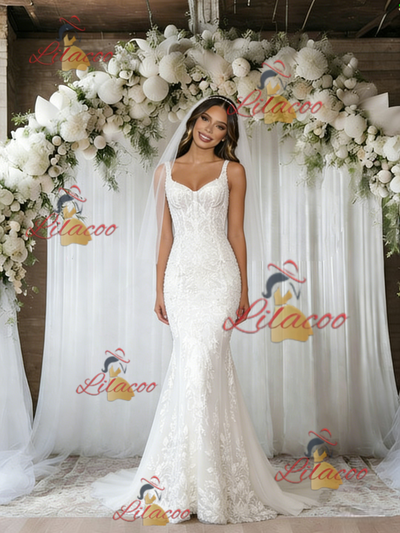 White Mermaid Tulle Appliques Wedding Dress