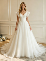 White Tulle V-neck Wedding Dres