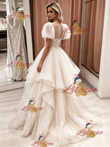 Champagne Tulle Lace Puff Sleeve Wedding Dress
