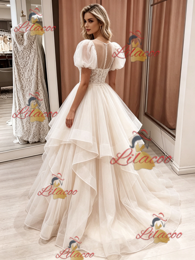 Champagne Tulle Lace Puff Sleeve Wedding Dress