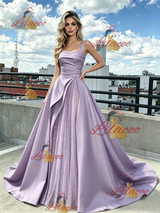 Purple Satin Straps Pleats Prom Dress