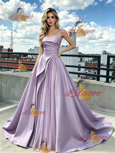 Purple Satin Straps Pleats Prom Dress