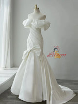 White Mermaid Satin Pleats Wedding Dress With Bow