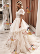 Champagne Tulle Lace Puff Sleeve Wedding Dress