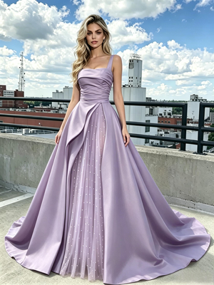 Purple Satin Straps Pleats Prom Dress