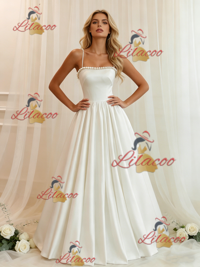 White Satin Spaghetti Straps Pearls Wedding Dress