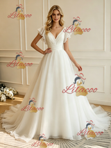 White Tulle V-neck Wedding Dres