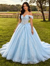 Blue Tulle Sequins Appliques Quinceanera Dress