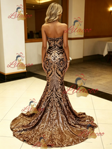 Gold Mermaid Sequins Strapless Prom Dress