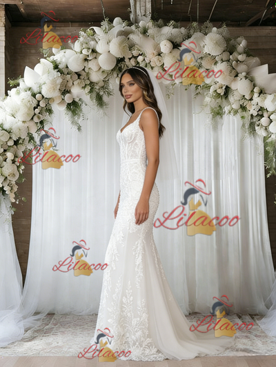 White Mermaid Tulle Appliques Wedding Dress