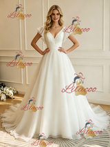 White Tulle V-neck Wedding Dres