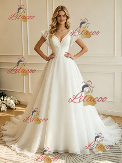 White Tulle V-neck Wedding Dres