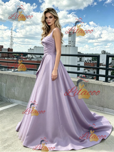 Purple Satin Straps Pleats Prom Dress