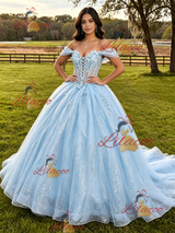 Blue Tulle Sequins Appliques Quinceanera Dress