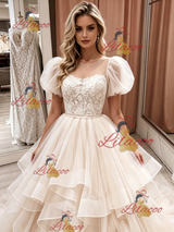 Champagne Tulle Lace Puff Sleeve Wedding Dress
