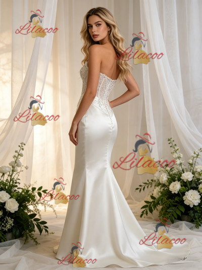White Mermaid Satin Appliques Strapless Wedding Dress