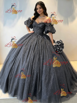 Gray Tulle Sequins Puff Sleeve Beading Quinceanera Dress