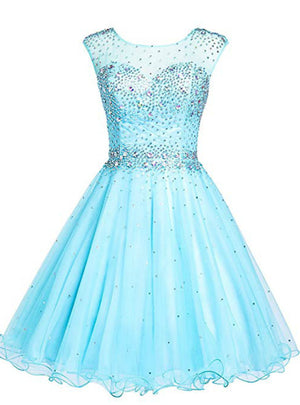 Blue Tulle Backless Beading Crystal Homecoming Dress