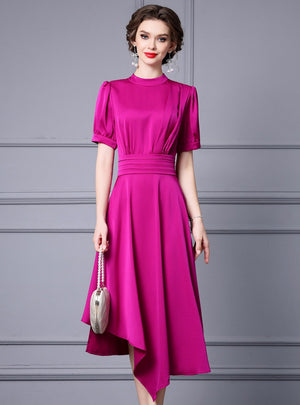 Fuchsia Short Sleeve Pleat Mother Of The Bride Dress