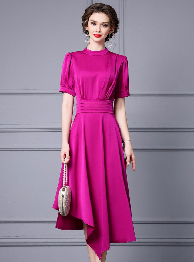 Fuchsia Short Sleeve Pleat Mother Of The Bride Dress
