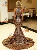 Gold Mermaid Sequins High Neck Prom Dress