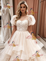 Champagne Tulle Lace Puff Sleeve Wedding Dress