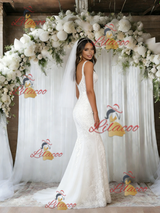 White Mermaid Tulle Appliques Wedding Dress