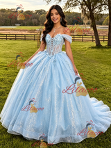 Blue Tulle Sequins Appliques Quinceanera Dress