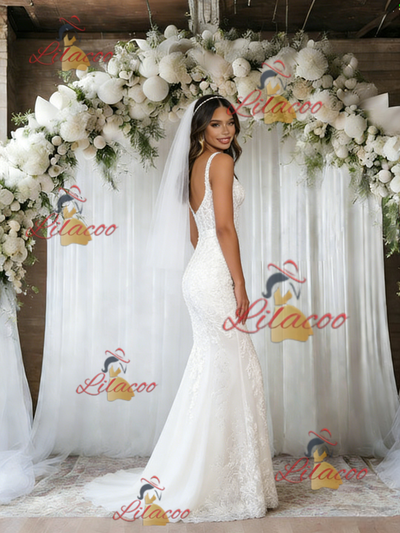 White Mermaid Tulle Appliques Wedding Dress