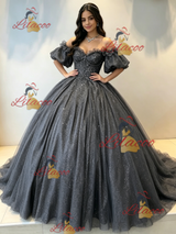 Gray Tulle Sequins Puff Sleeve Beading Quinceanera Dress